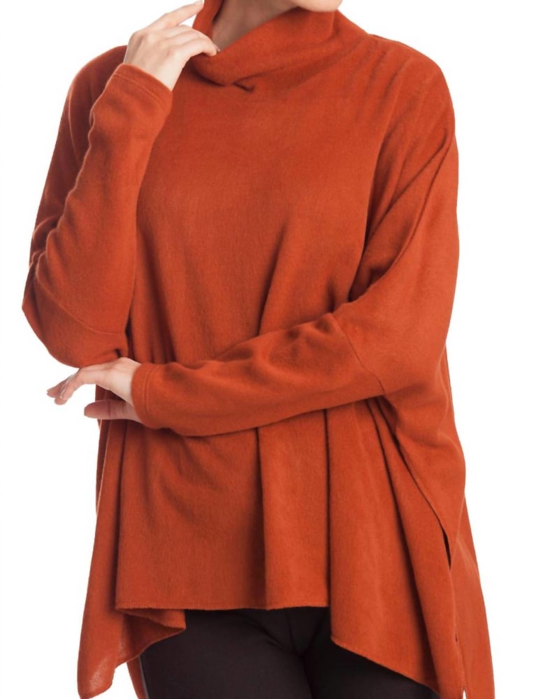Front of a model wearing a size XL Cowl Neck Oversized Sweater in Rust in Rust by ANGEL. | dia_product_style_image_id:327473